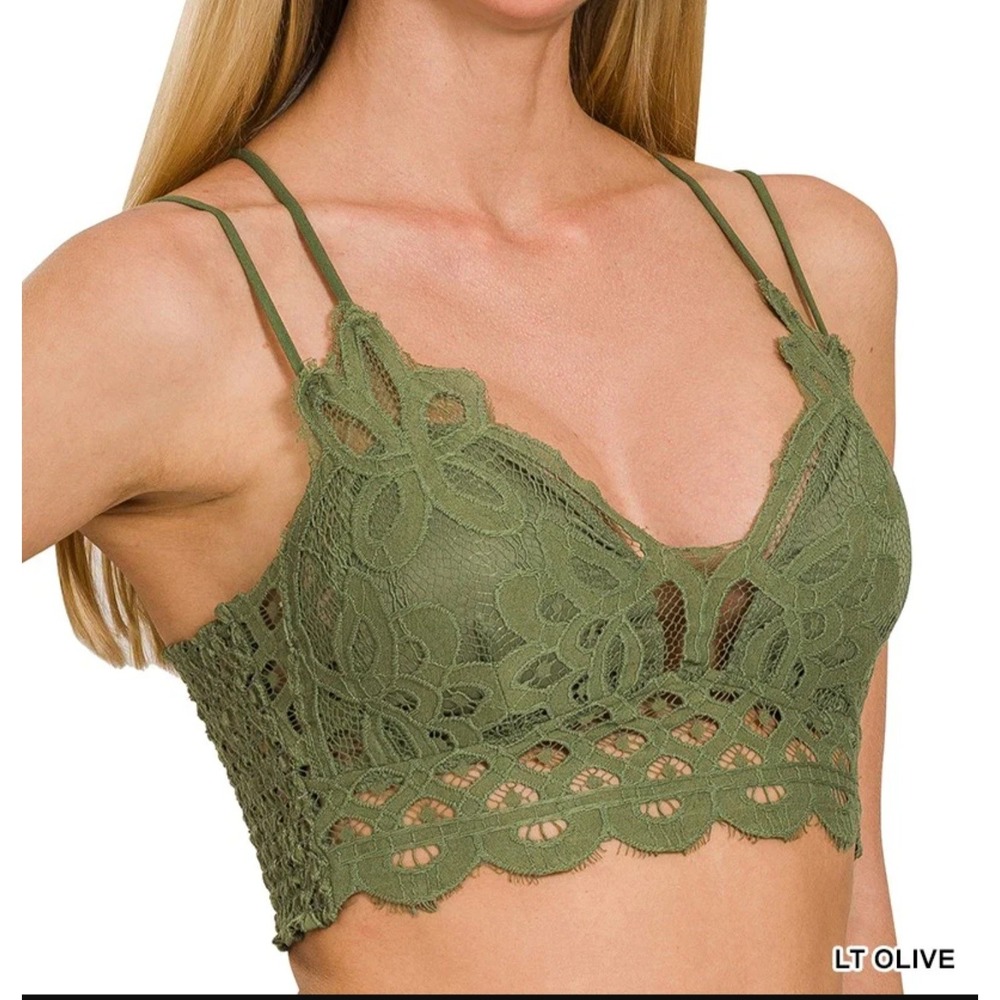 Zenana Floral Lace Bralette Light Olive Green Longline Removable Pads boho 2X